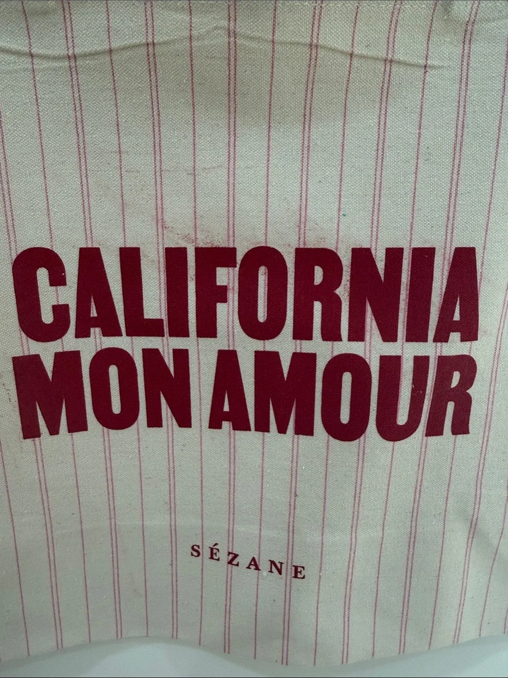 Sezane Cream Tote with Red Logo and Pink Pinstripes